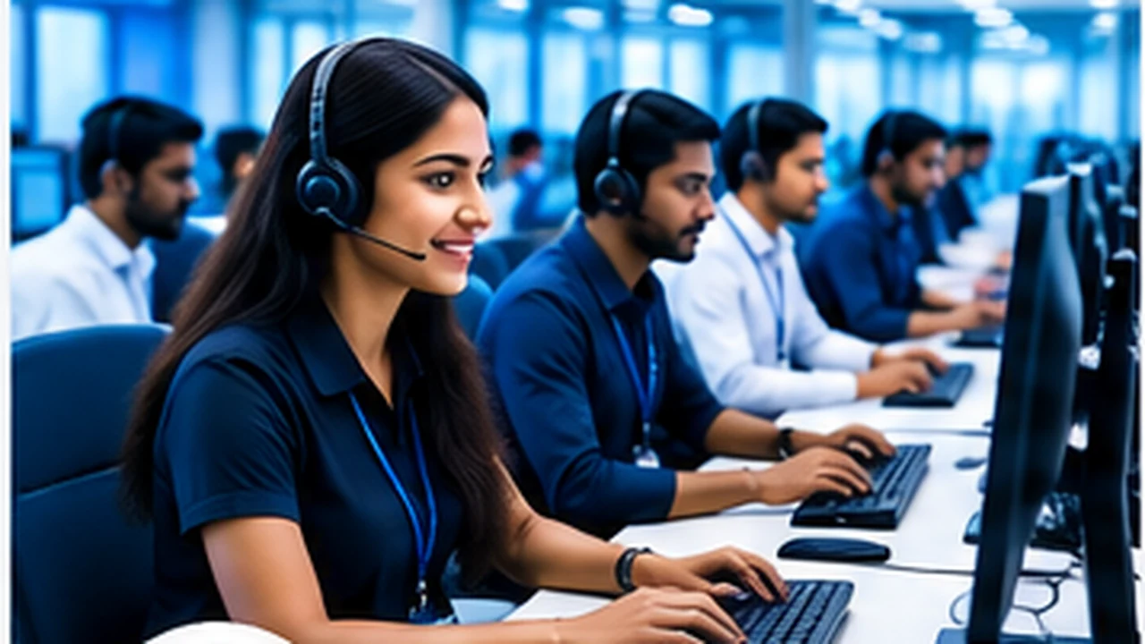 Modern BPO and call centre with agents using computers and headsets