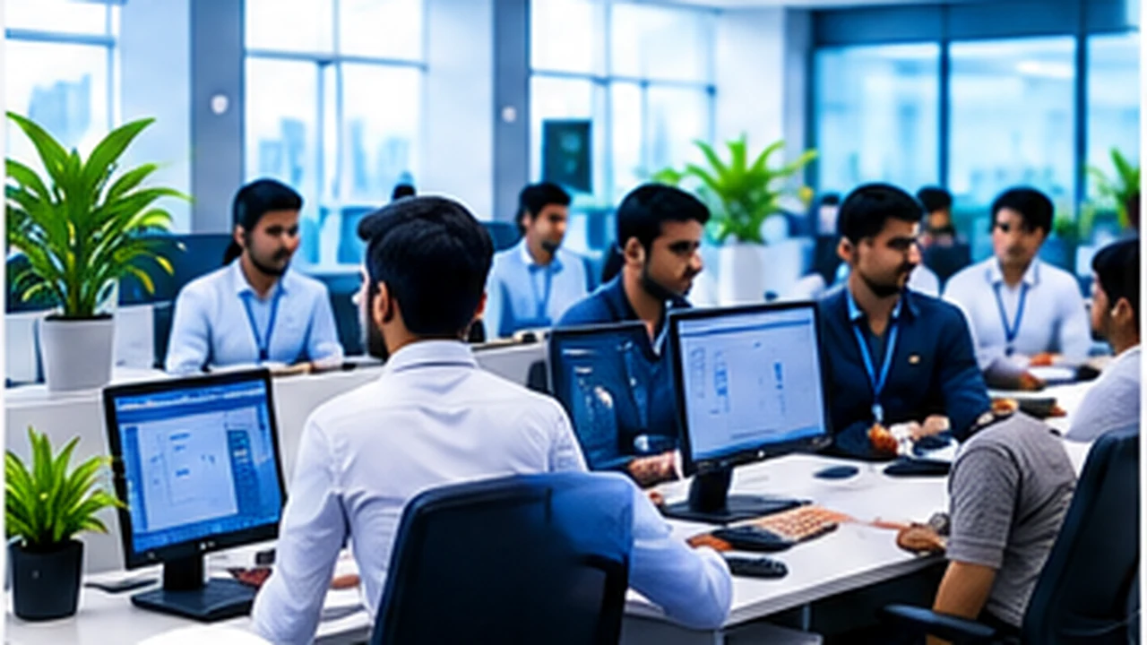 Modern corporate office with employees using desktop computers