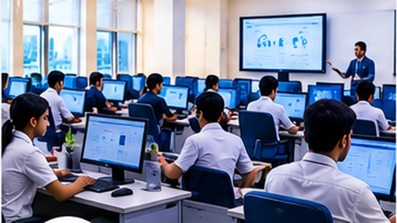 Educational computer lab with students using desktop systems